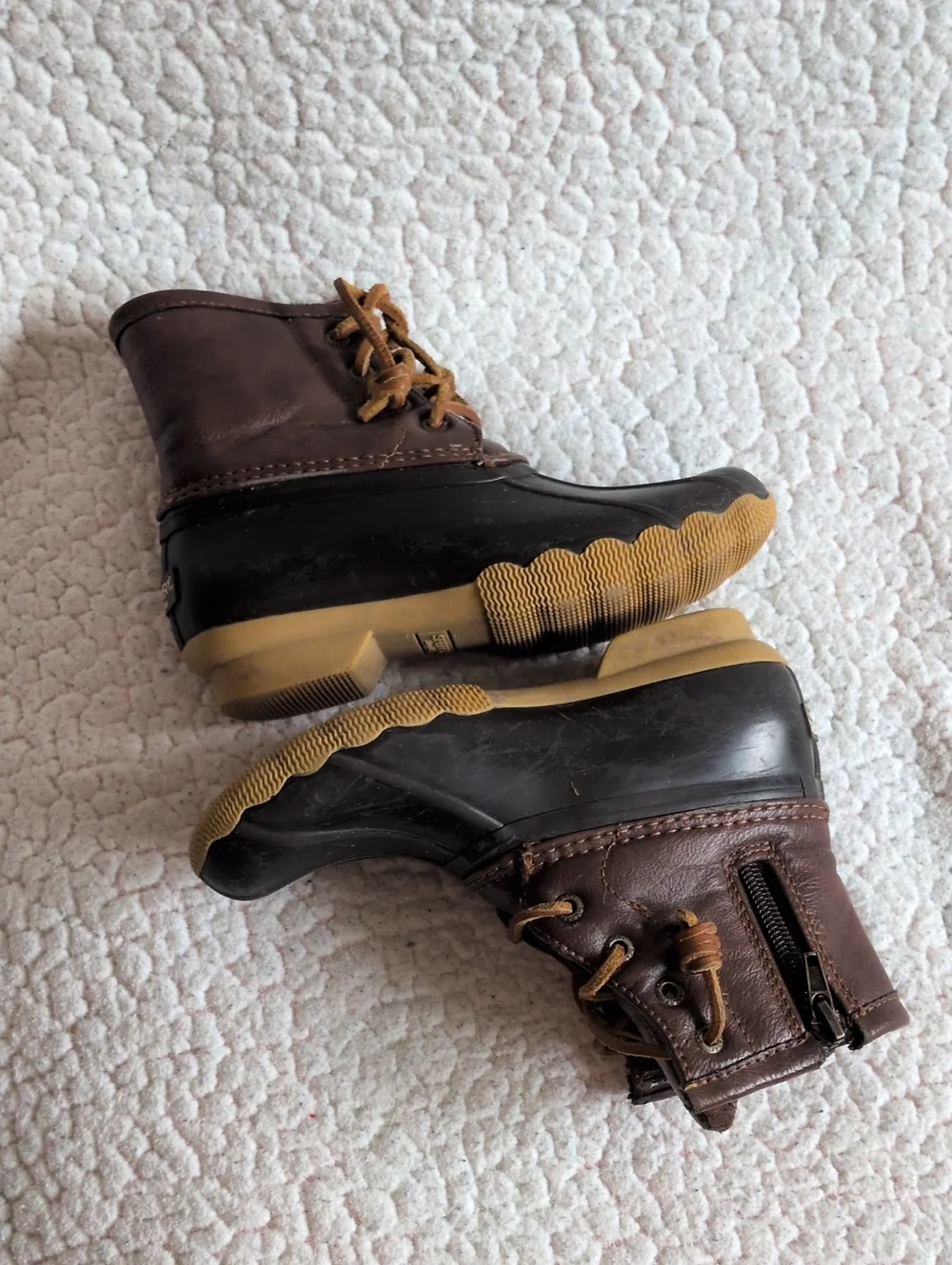 Sperry Kids Saltwater Faux Leather Distressed Brown Black Duck Boots Gorpcore